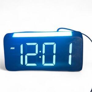 Blue Digital LED Alarm Clock with Night Light and 2 charging ports.